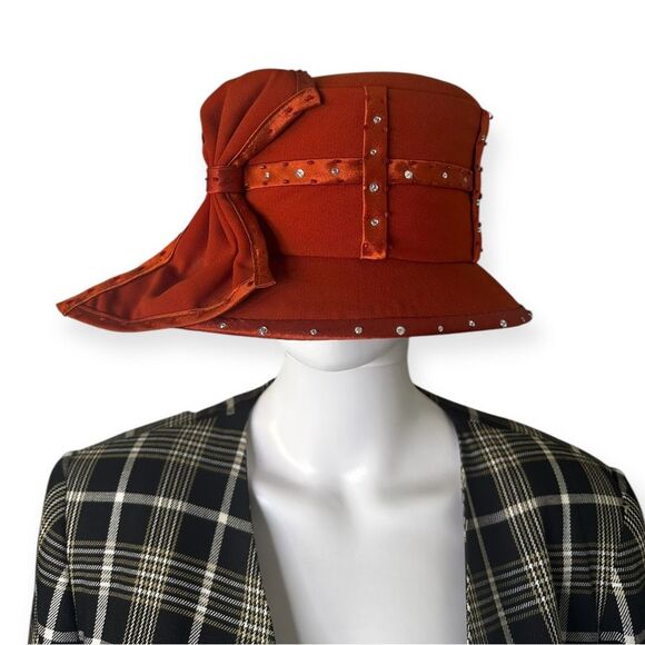 Vintage Milano New York Cloche Hat with Elegant Box Rhinestone Accents in Orange - Picture 8 of 8
